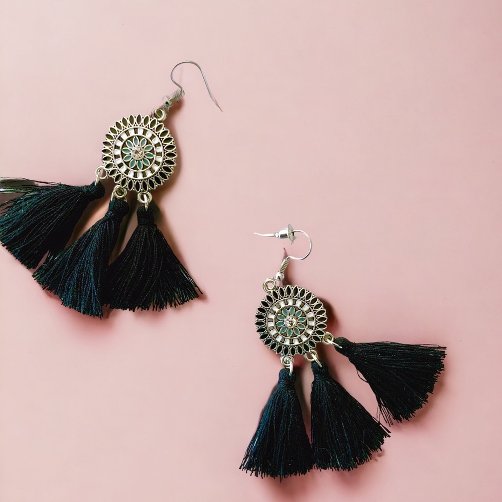 BOGO Black Cotton Dreamcatcher Tassel Boho Dangle Earrings Crystal Pearl Studs